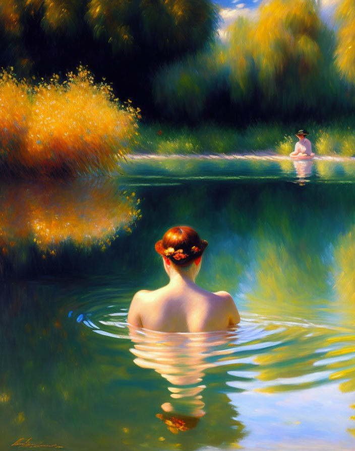 Woman bathing in lake, Renoir Impressionism 