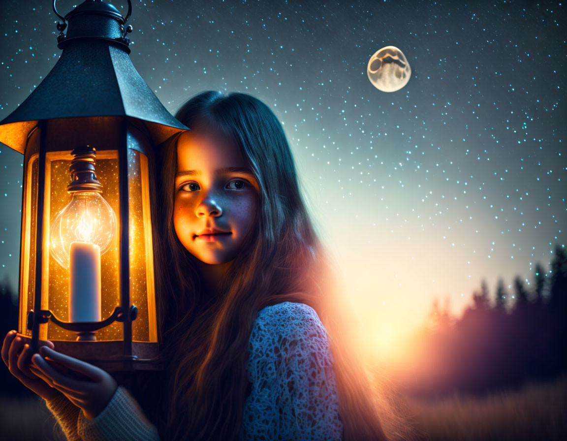 Young girl holding lantern under starry sky with crescent moon.