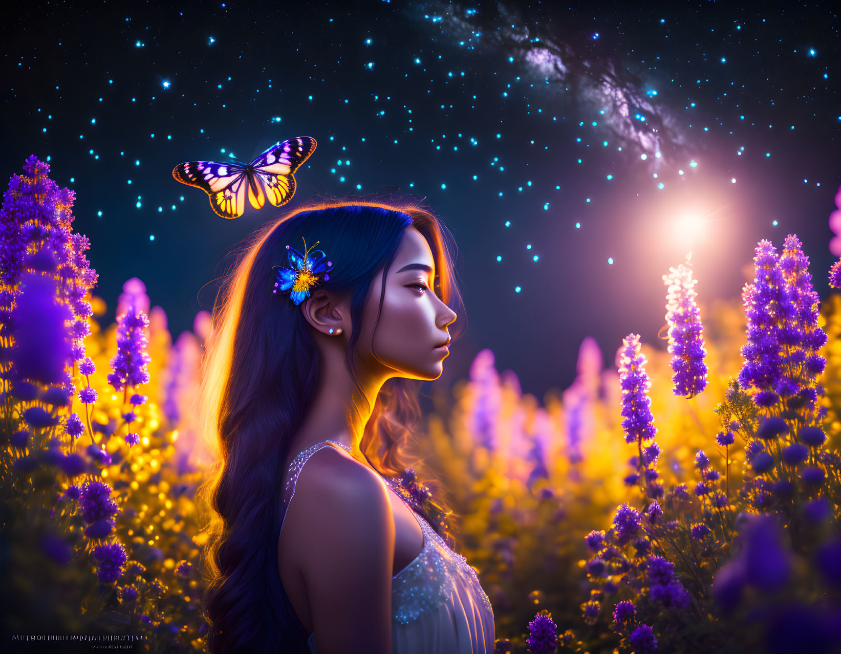 Woman surrounded by purple flowers, stars, butterfly, and mystical light in night field