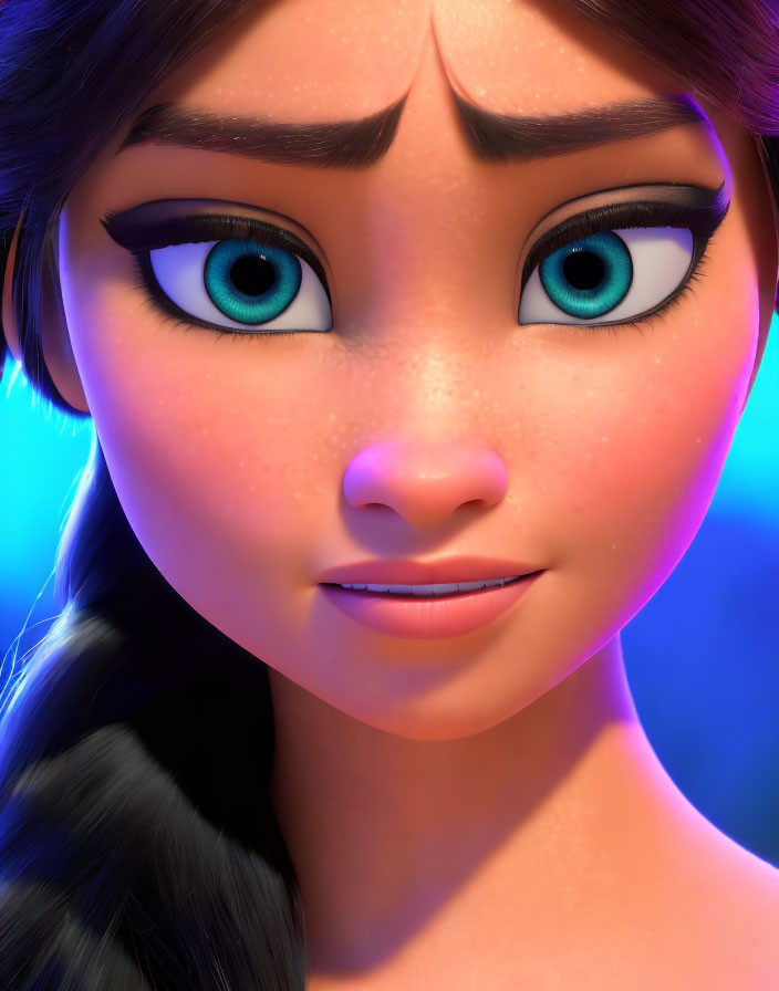 Animated character with large blue eyes and dark hair in close-up view.