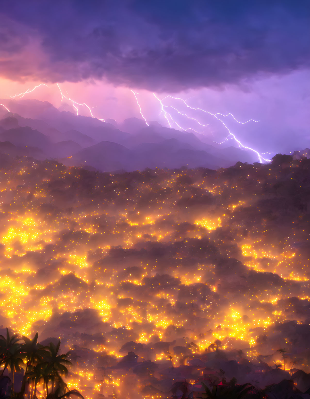 Purple Skies and Lightning Over Mountainous Cityscape at Night