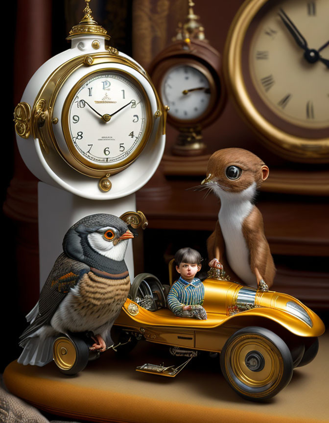 Whimsical artwork: Owl with goggles, child in toy car, weasel, vintage clocks