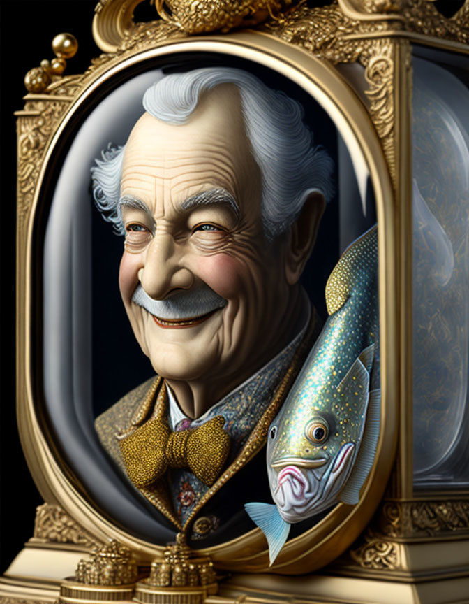 Cheerful elderly man with bow tie and playful fish in gold frame