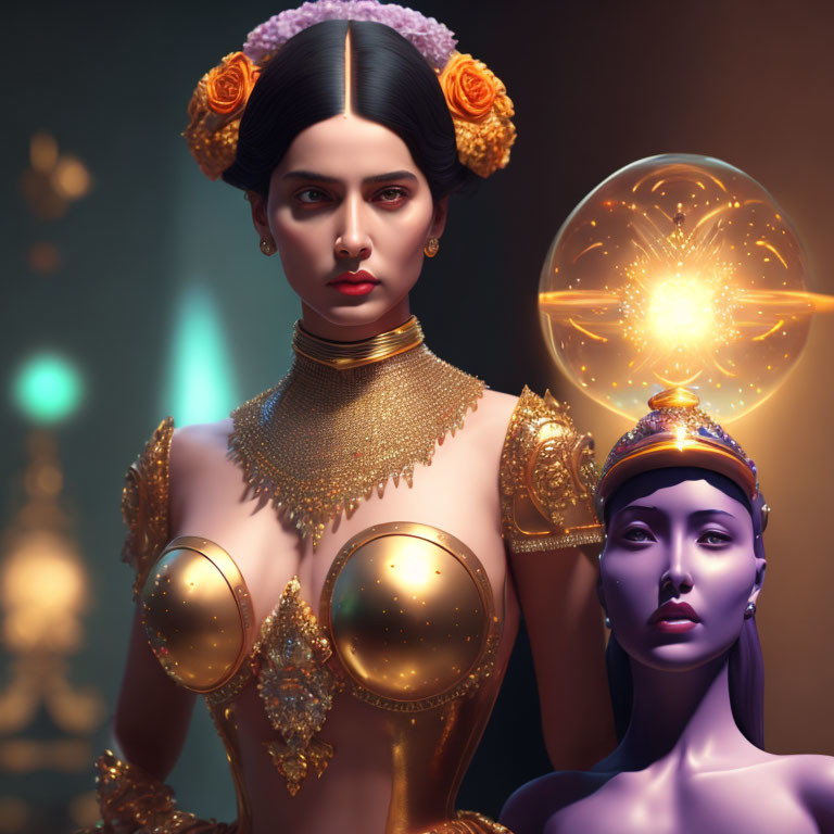 Two futuristic women in golden jewelry and purple complexion against soft-lit backdrop