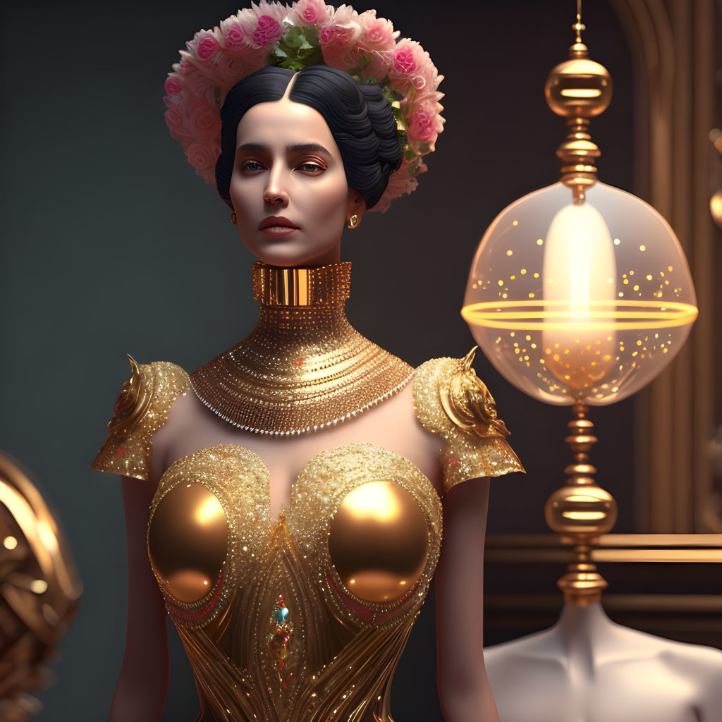 Elaborate gold costume woman digital artwork