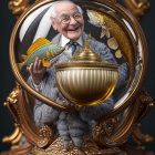 Cheerful elderly man with bow tie and playful fish in gold frame