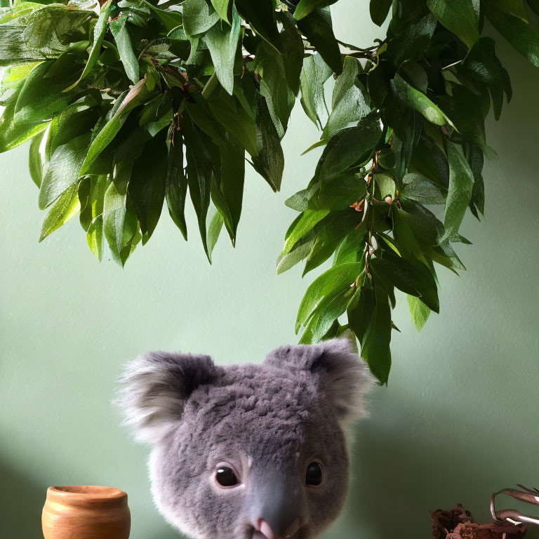 Peeking Koala Plush Toy Among Green Leaves and Wooden Bowl