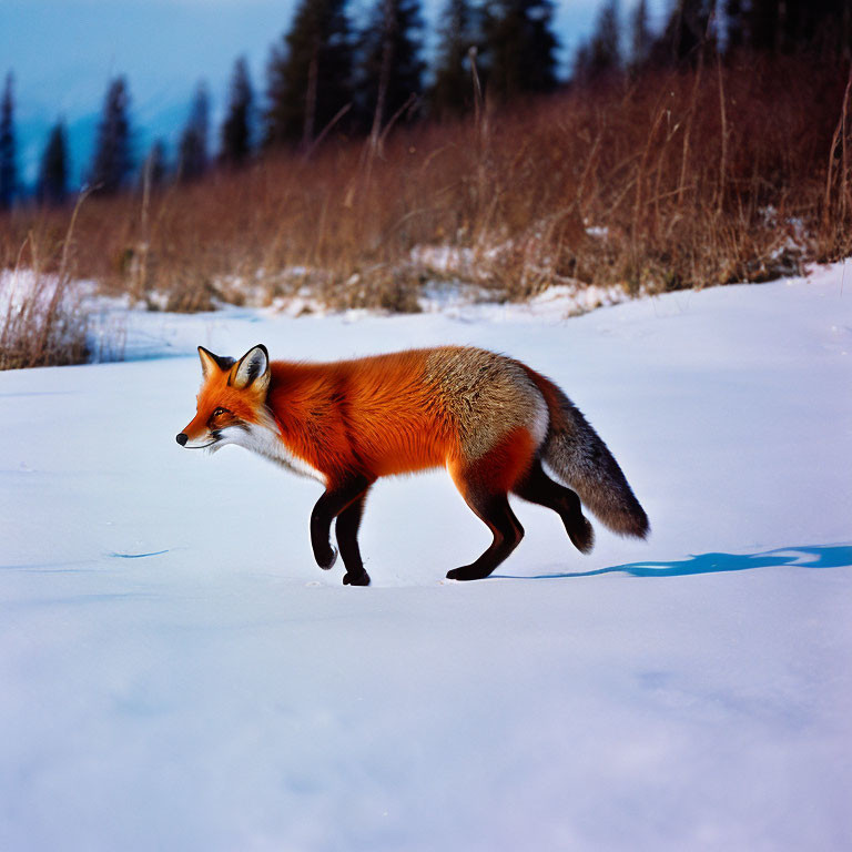 Vivid orange fox in snowy landscape with winter backdrop