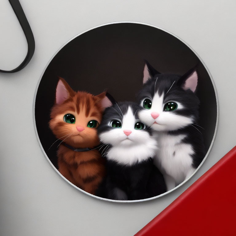 Three adorable cartoon cats in mirror with large eyes