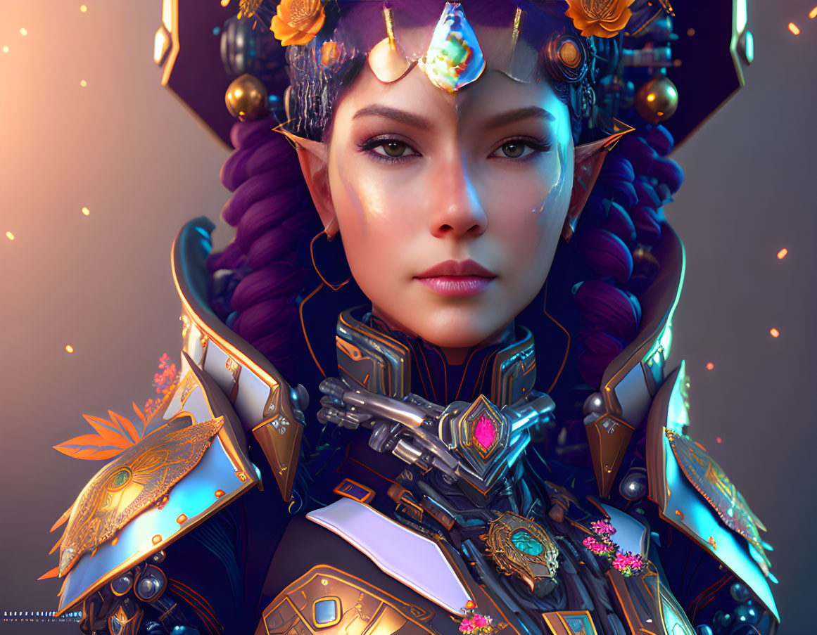 Fantasy digital artwork of a woman in elaborate armor and mystical aura