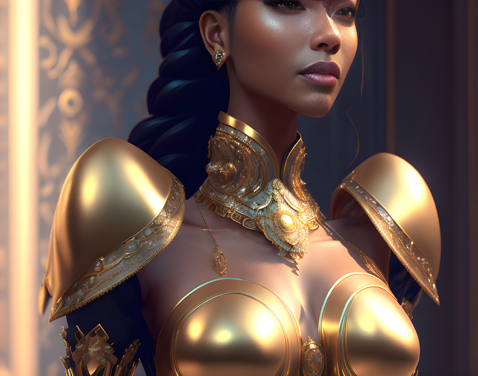 Detailed digital artwork of woman in golden ornate armor with intricate designs and focus on profile and shoulder plate