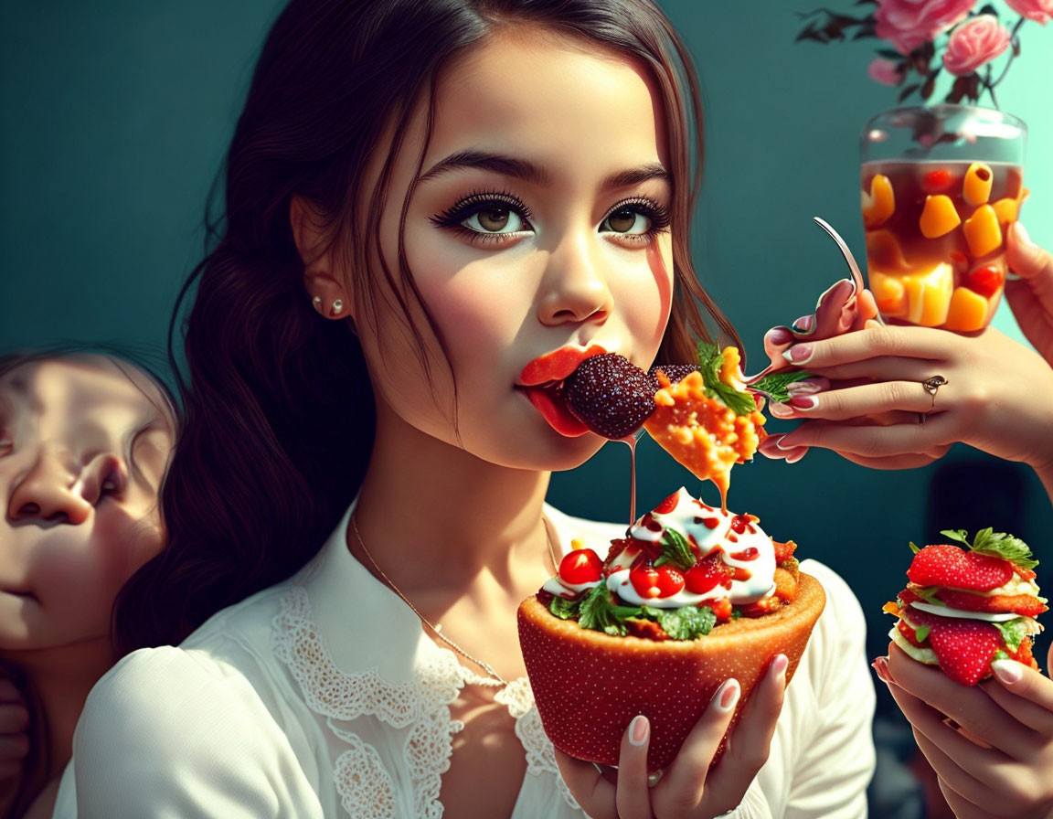 Woman eating skewered berry from fruit-filled bowl on teal backdrop