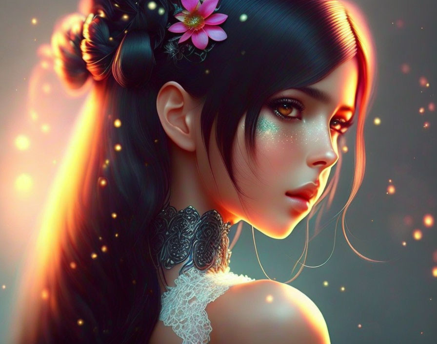 Digital artwork: Woman with glossy black hair and glowing skin, adorned with a delicate flower, surrounded by