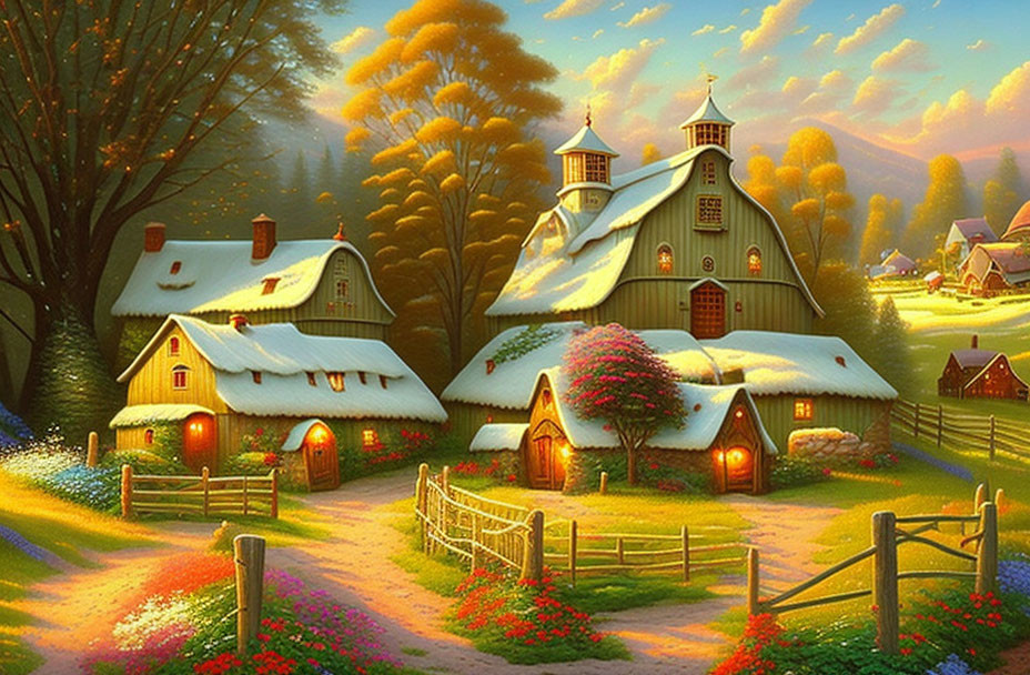 Tranquil rural sunset scene with cozy cottages and blooming flowers