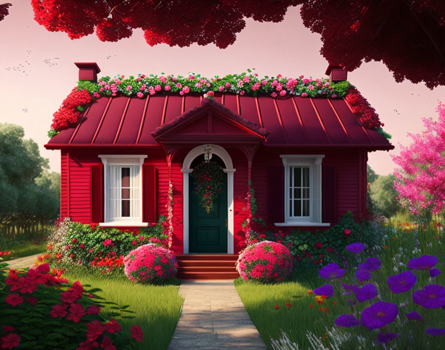 Red Cottage with Green Door in Lush Garden & Blooming Flowers