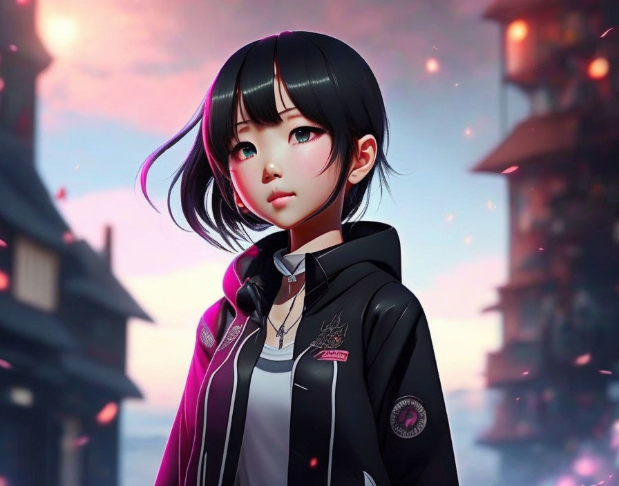 Digital artwork: Young girl with green eyes and black hair in front of red-lit traditional buildings.