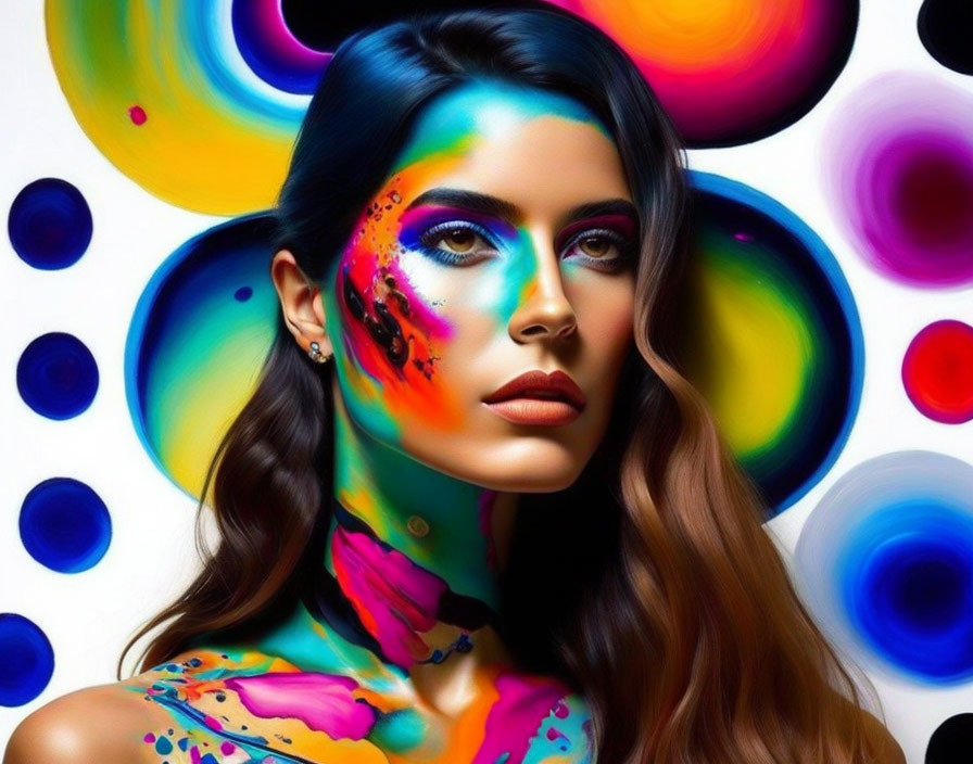 Colorful Makeup Woman with Paint Splashes on Vibrant Circle Backdrop