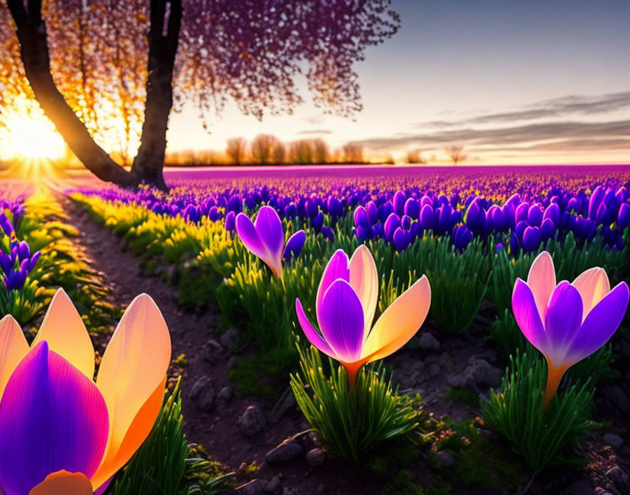 Purple and White Crocuses Blooming in Lush Field at Sunset