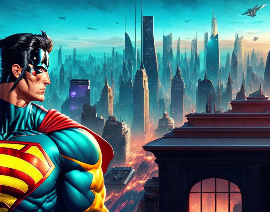 Superhero overlooking futuristic cityscape with skyscrapers and flying vehicles