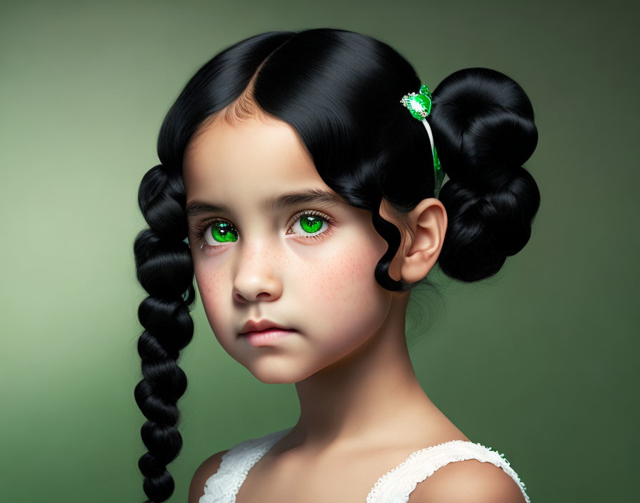 Young girl portrait with dark curled hair and green eyes on muted green background