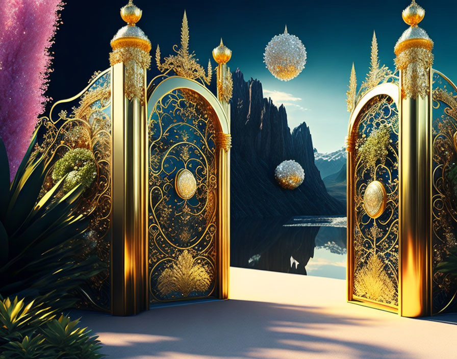 Golden Gates Revealing Mystical Landscape with Mountains, Lake, and Glowing Orbs