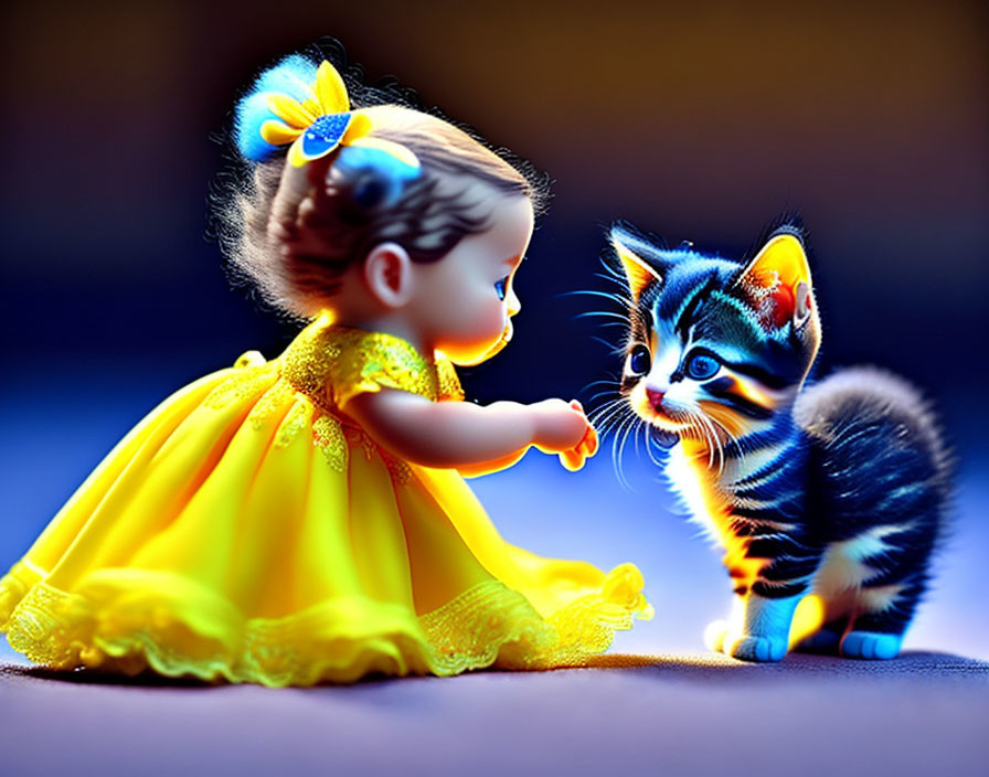 Yellow dress doll meets striped kitten in soft lighting