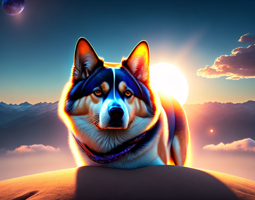 Colorful Dog Artwork with Glowing Outline Against Mountain Sunset