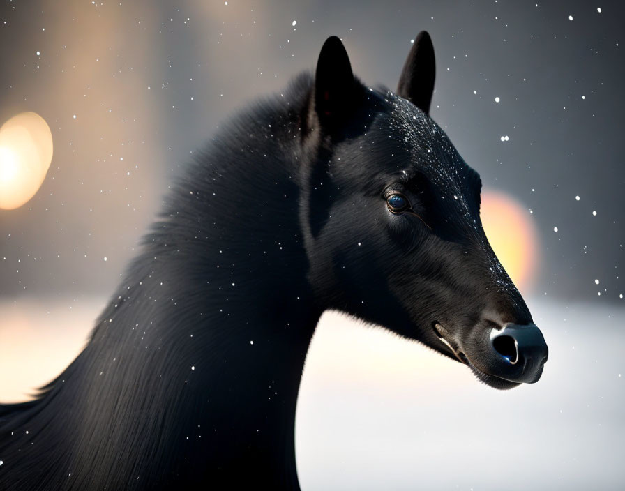 Black Horse with Snowflakes on Glossy Coat and Warm Background