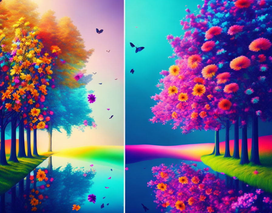 Colorful digital artwork: Trees, butterflies, and serene water.