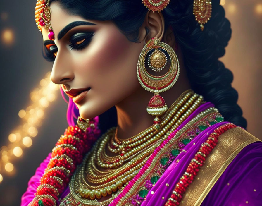 Traditional South Asian attire woman illustration with detailed makeup and serene expression