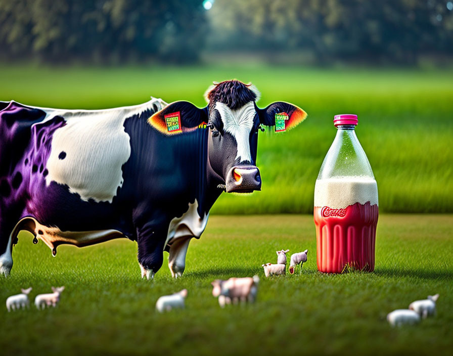 Cow and Miniature Cows Grazing with Large Soda Bottle