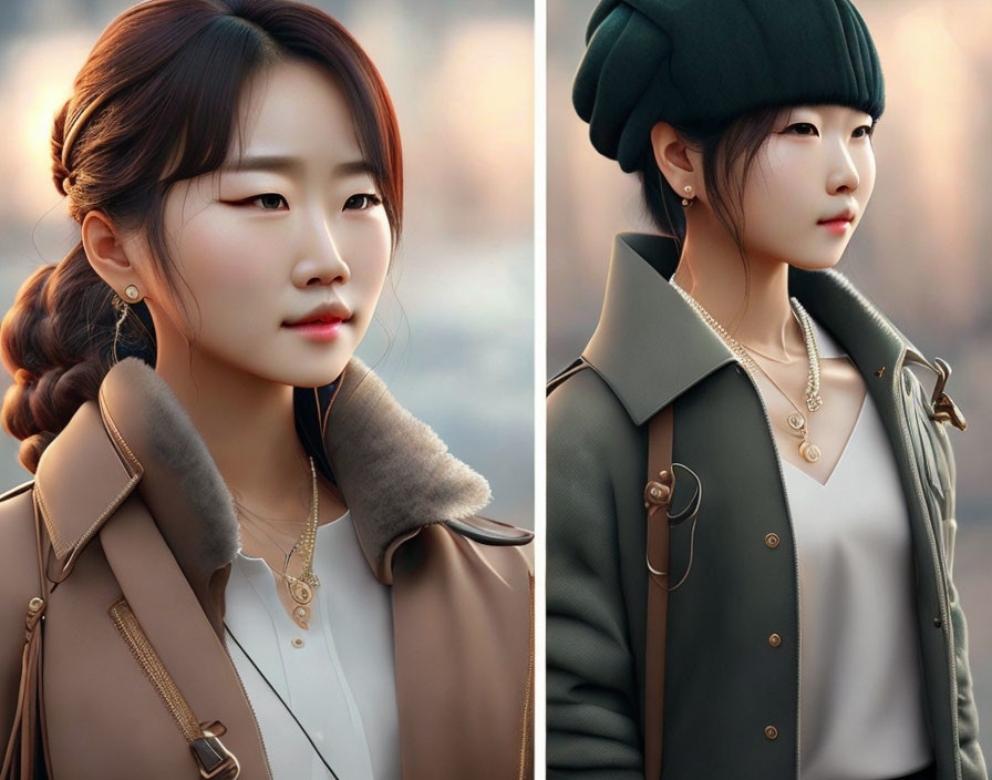Young woman in two stylish outfits with delicate jewelry and chic berets.
