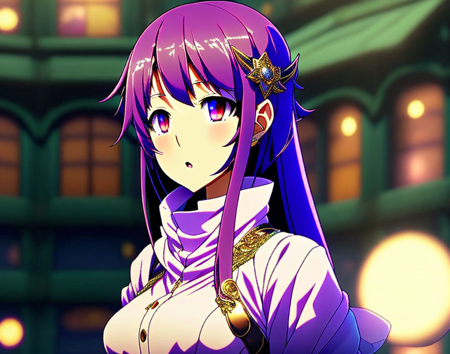 Purple-haired anime girl in high-collared lilac outfit with star accessories on green-lit balcon