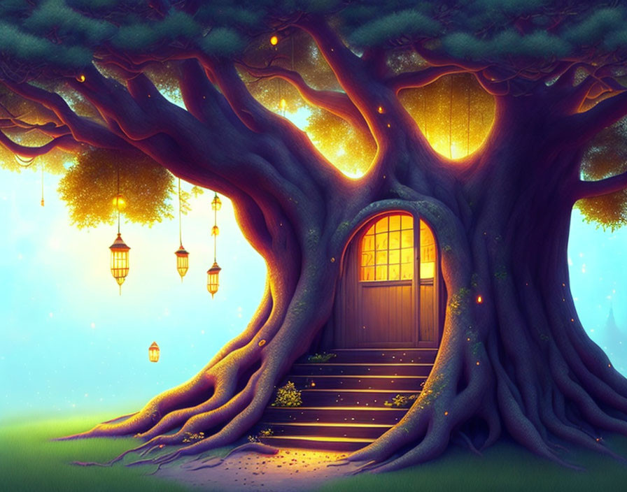 Illustration of grand tree with door, steps, lanterns in magical, glowing ambiance