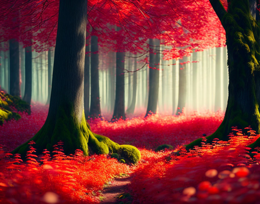 Vibrant red foliage in mystical forest with ethereal sun rays