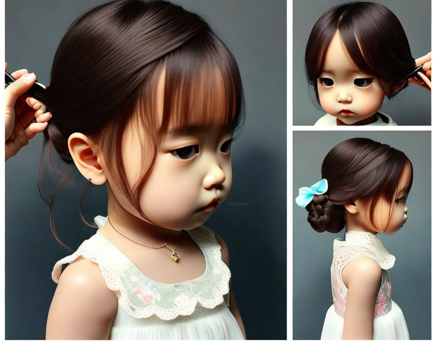 Portrait Collage: Young Girl with Solemn Expression and Ponytail with Blue Bow