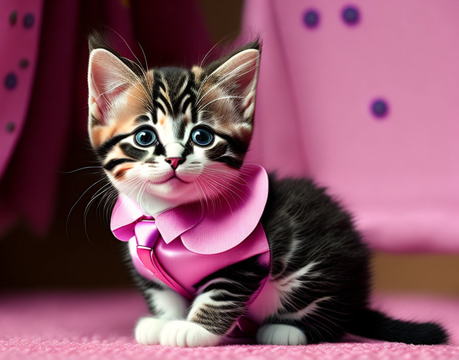 Tabby kitten with big eyes and pink bow tie against soft pink backdrop