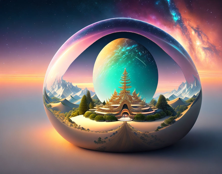 Surreal landscape in spherical bubble with mountains, tree, and pathways at sunset