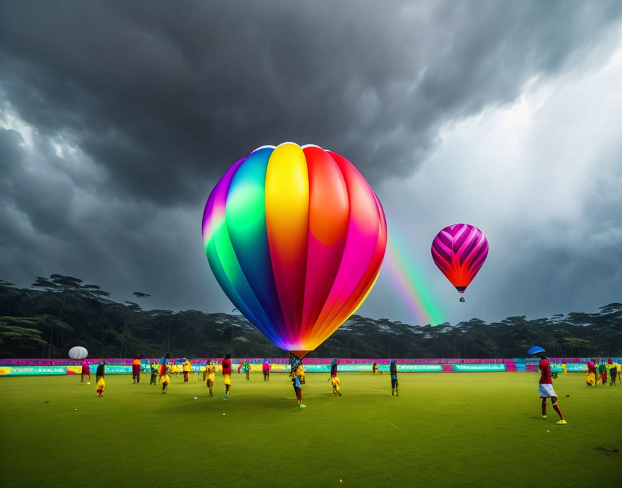 Colorful hot air balloons over soccer game in stormy sky