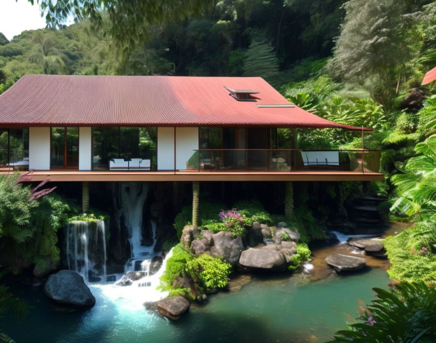 Traditional House with Red Roof Overlooking Waterfall in Lush Green Setting