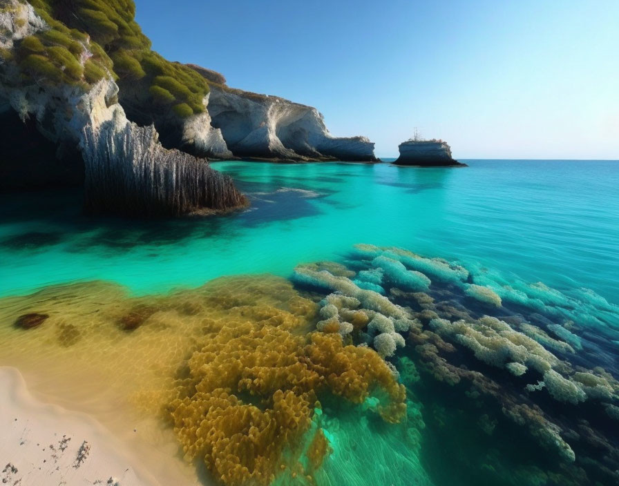 Vibrant coastal landscape: turquoise sea, coral formations, green cliff, distant ship