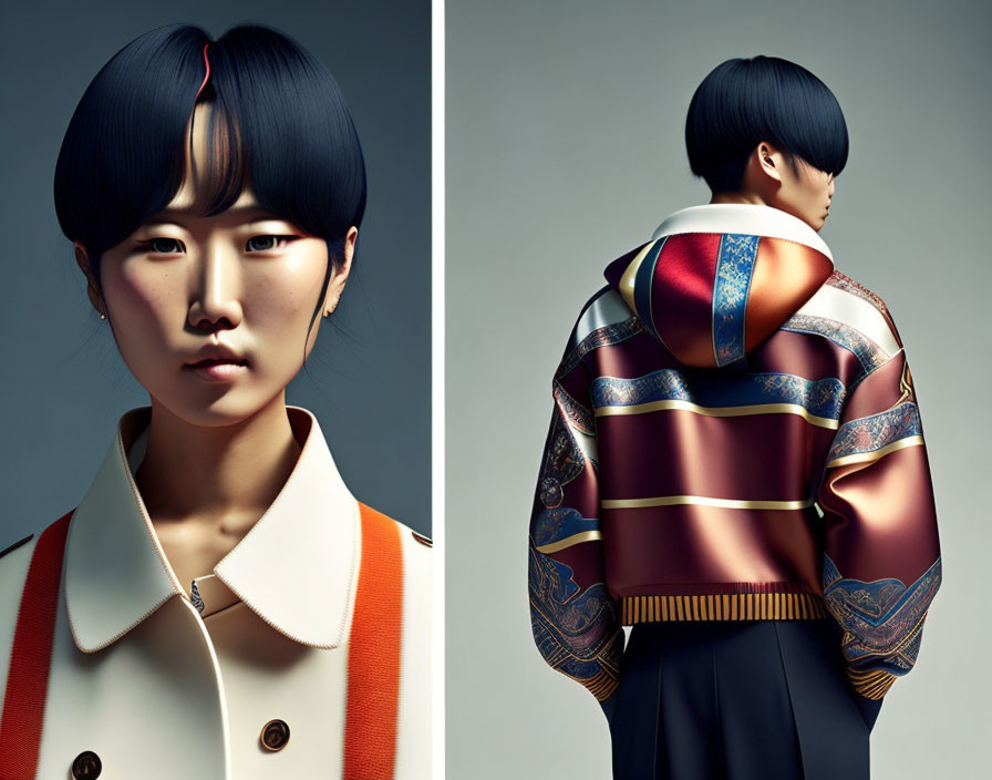 Dual Portrait Featuring Front and Back Views with Simple Haircut and Colorful Patterned Jacket