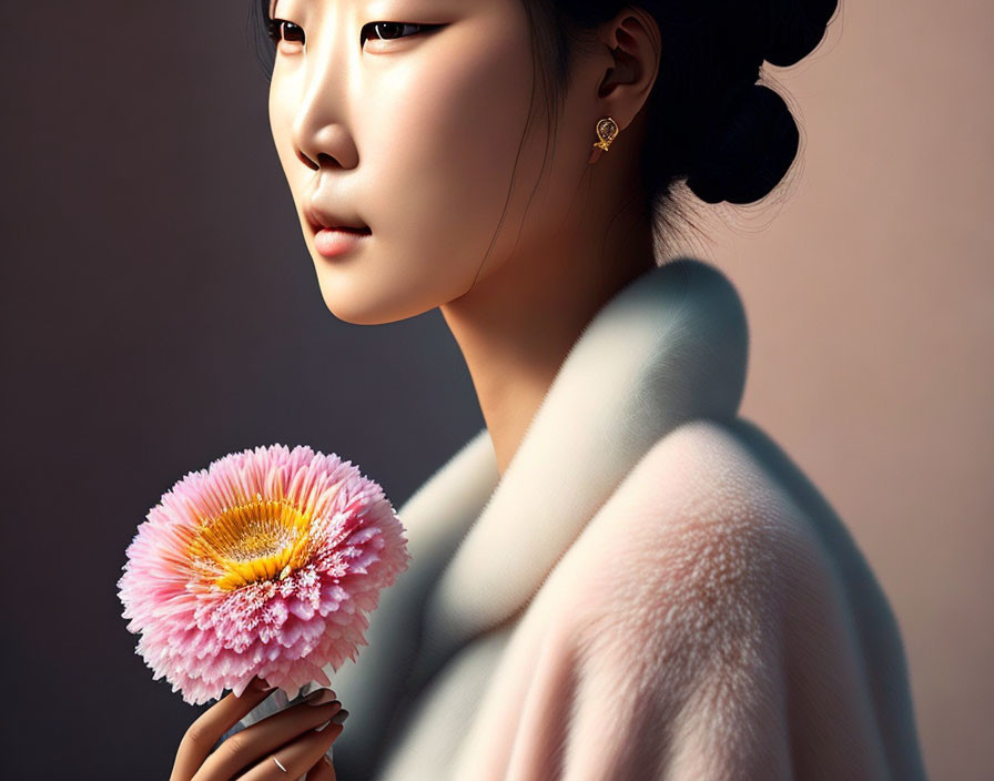 Traditional attired woman holding pink flower with soft focus on elegant profile and fine jewelry