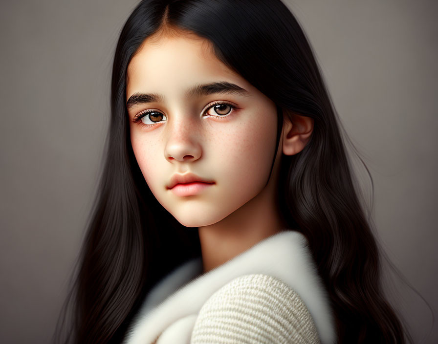 Young girl portrait: dark hair, fair skin, brown eyes, white sweater, subtle smile, grey
