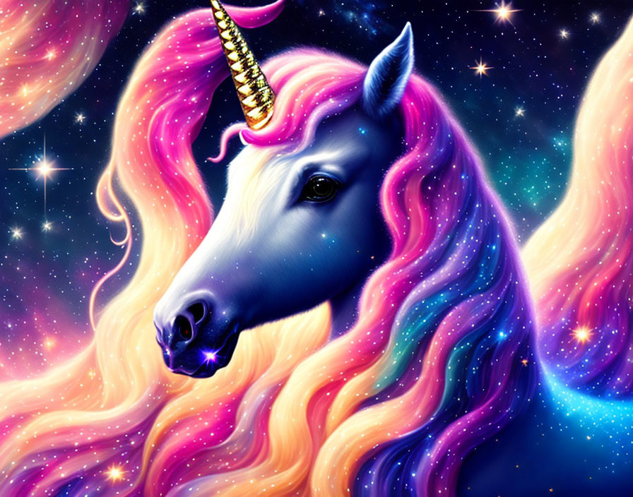 Colorful Unicorn Illustration with Shimmering Horn and Cosmic Background