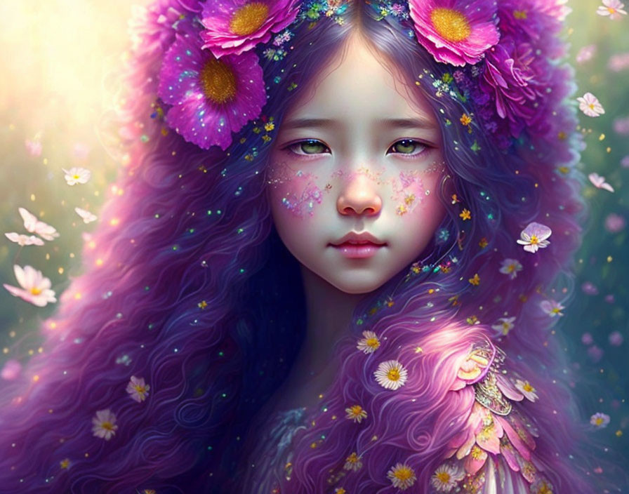 Digital Artwork: Girl with Purple Hair and Floral Adornments