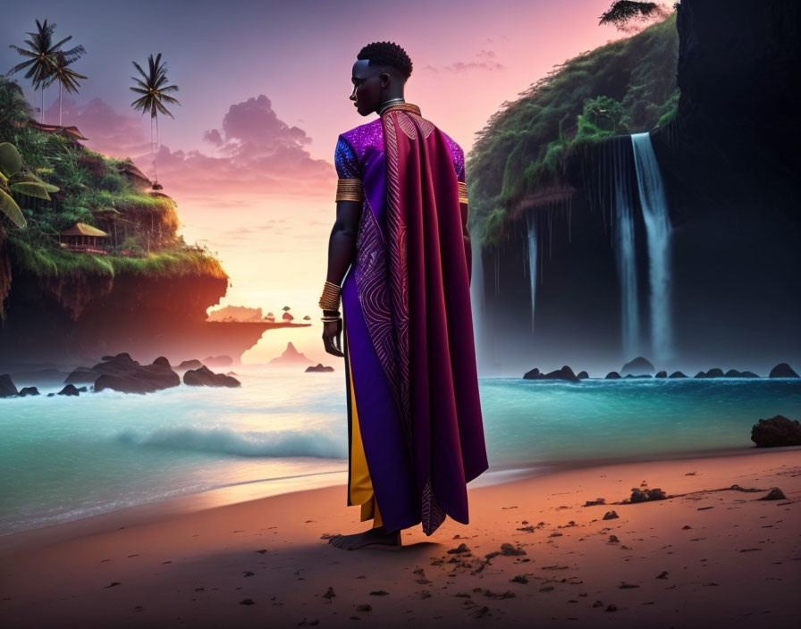 Person in vibrant traditional outfit on beach at sunset with waterfall and tropical scenery