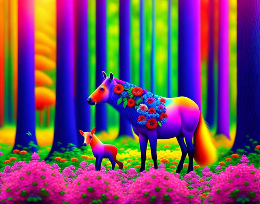 Colorful Digital Artwork: Adult Horse and Foal in Psychedelic Forest