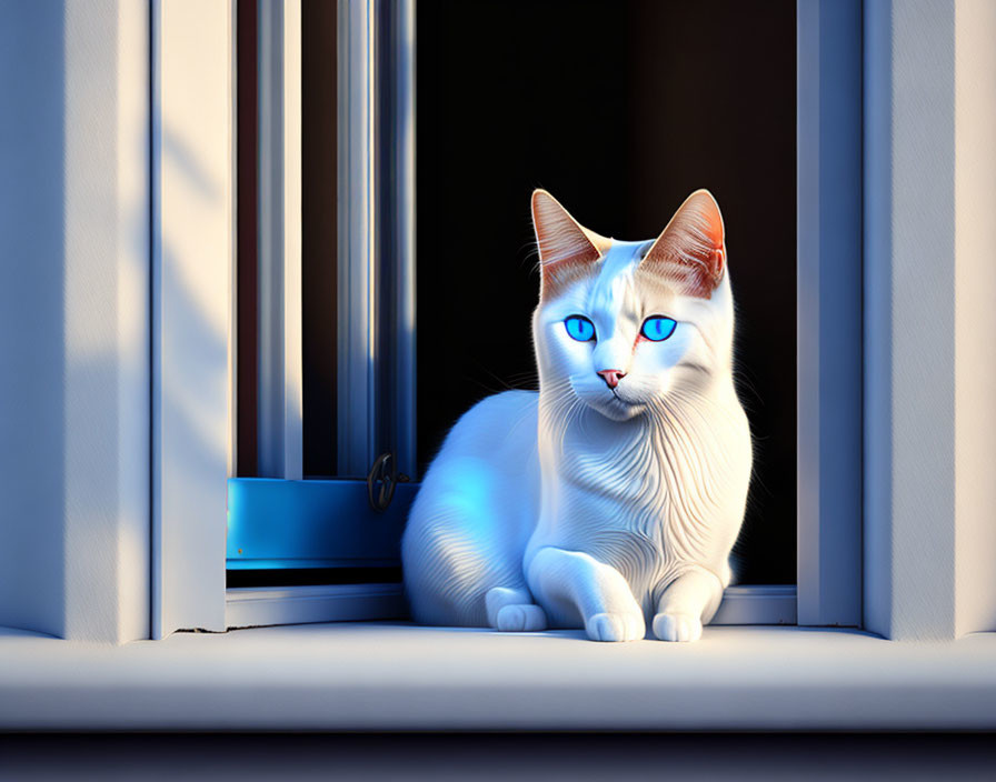 White Cat with Blue Eyes Sitting on Window Ledge in Sunlight