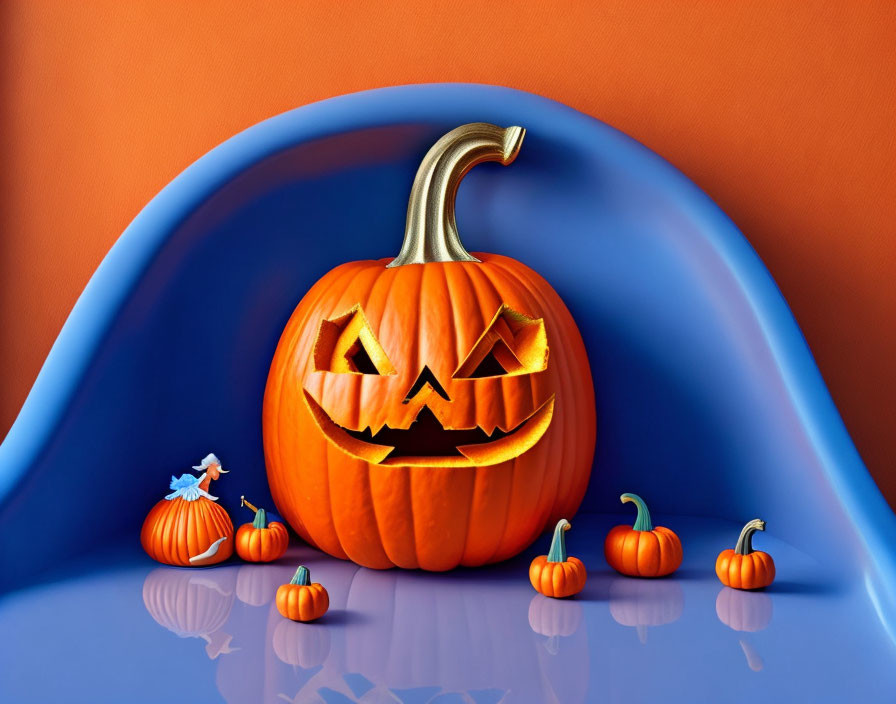 Carved pumpkin with smiling face among smaller pumpkins on reflective surface